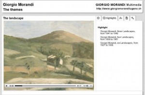 FIG 5. GiorgioMorandiMultimedia, the Web version supports interaction:  the user can move from themes to selected works (links on the right-hand side) 